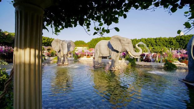 Exposition of elephants in the garden of Miracles in Dubai.