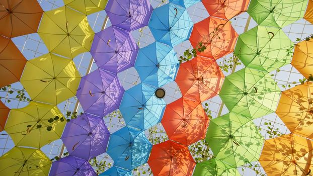 Multi-colored umbrellas in the park of the city