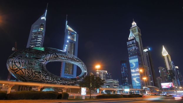 Night traffic on the central street of Sheikh Zayed in Dubai