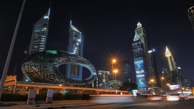 Night traffic on the central street of Sheikh Zayed in Dubai