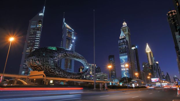 Night traffic on the central street of Sheikh Zayed in Dubai