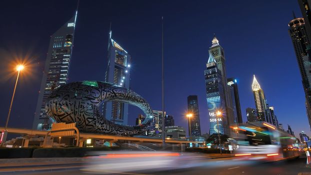 Night traffic on the central street of Sheikh Zayed in Dubai