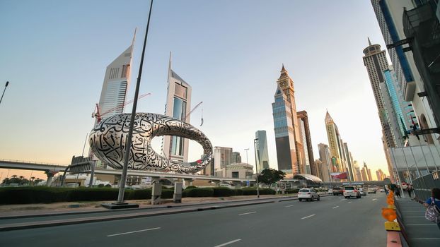 Traffic on the main street of Dubai in the evening