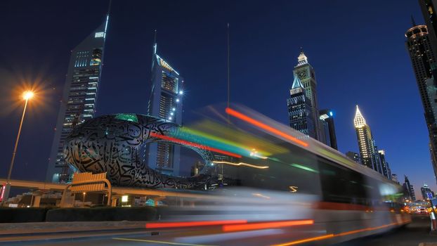 Night traffic on the central street of Sheikh Zayed in Dubai