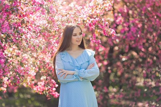 Adorable smiling brunette girl in light blue dress, with long hair is standing near a pink blooming apple trees, in the summer in the garden. Copy space