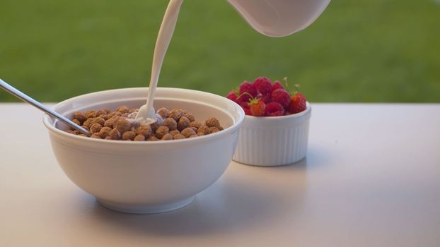 Close up pouring milk into the bowl with corn flakes. Cooking breakfast in the garden on blurry natural background. Healthy lifestyle concept