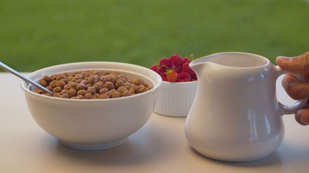 Close up bowl of corn flakes with raspberry and jug of milk on the table in the garden. Breakfast on blurry natural background. Healthy lifestyle concept.