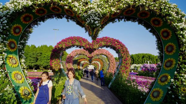 Heart shaped flower beds at the Alley of Hearts. Dubai Miracle Garden is famous for its extraordinary flower installations. A couple of people walking around at the park.