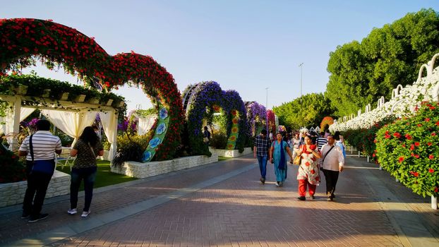 Heart shaped flower beds at the Alley of Hearts. Dubai Miracle Garden is famous for its extraordinary flower installations. A couple of people walking around at the park.