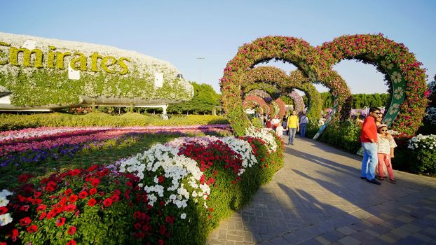 Heart shaped flower beds at the Alley of Hearts. Dubai Miracle Garden is famous for its extraordinary flower installations. A couple of people walking around at the park.
