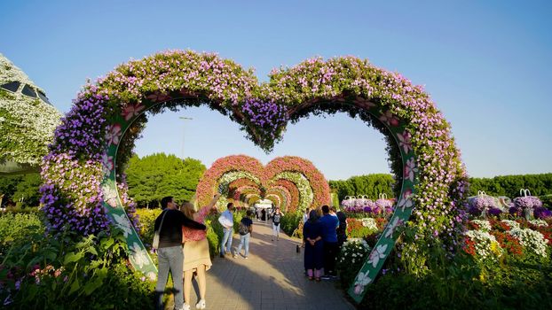 Heart shaped flower beds at the Alley of Hearts. Dubai Miracle Garden is famous for its extraordinary flower installations. A couple of people walking around at the park.