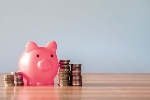Piggy bank pink colour with money stack step up growing growth saving money, Concept financial business investment. Copy space for your text gray background close up