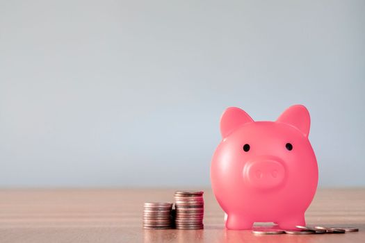 Piggy bank pink colour with money stack step up growing growth saving money, Concept financial business investment. Copy space for your text gray background close up