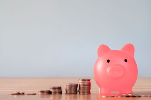 Piggy bank pink colour with money stack step up growing growth saving money, Concept financial business investment. Copy space for your text gray background close up