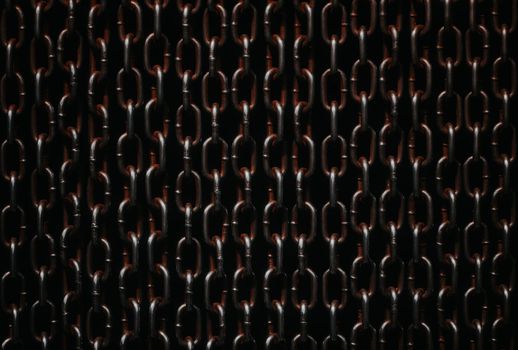 Rusty chains isolated on black background. Background of chains on a black background. Rust Anchor Chain. Curtain of old chain-link. Background of metal chains, old used chain.