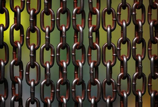 Background of metal chains, old used chain. Metal curtain on the entrance of bird park. The door made of chain link to prevent the bird fly away from the bird cage.