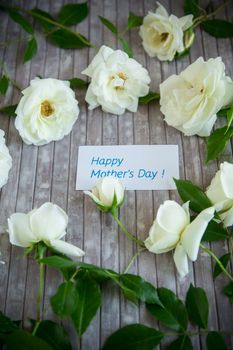 beautiful background of many white roses on a light wooden