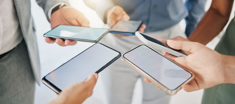 Mockup, business and closeup of smartphone, connection and social media. Screens, group and people with cellphones, typing and search internet with communication, online chatting and texting message.