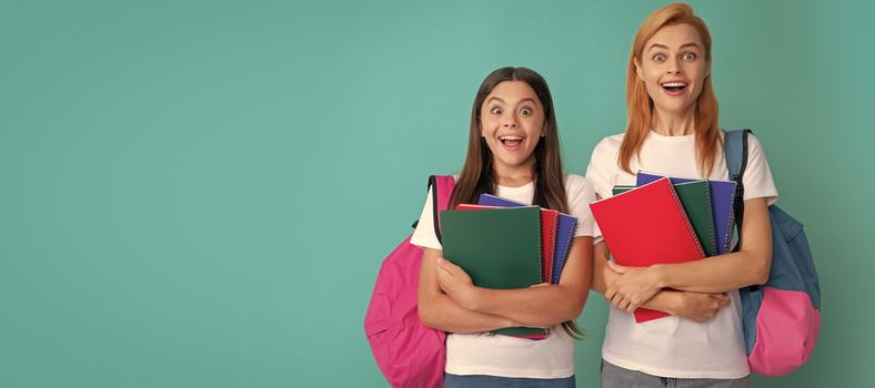 Mother and daughter child banner, copy space, isolated background. amazed pupil and student. mom and teen girl study. private teacher and child