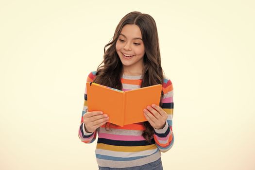 Schoolgirl with copy book posing on isolated background. Literature lesson, grammar school. Intellectual child reader. Happy girl face, positive and smiling emotions