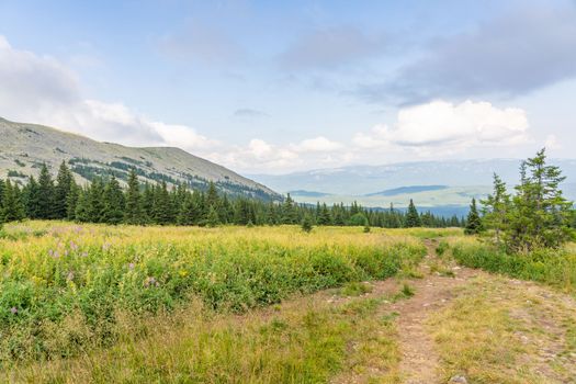 Forests and mountains of the Southern Urals near the village of Tyulyuk in Russia. Drone view