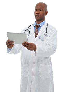 Technology in the medical world. A young doctor holding a digital tablet isolated on white