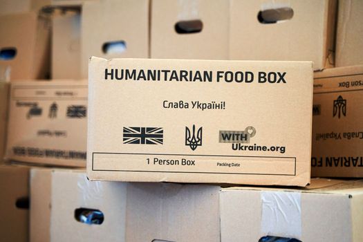 Boxes with humanitarian aid to Ukraine from UK. Dnipro, Ukraine - 06.28.2022