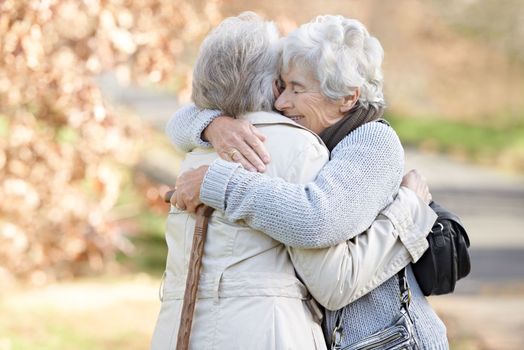 Enjoying the embrace and warmth of a loving friend. Two senior ladies embracing with autumn shaded trees in the background