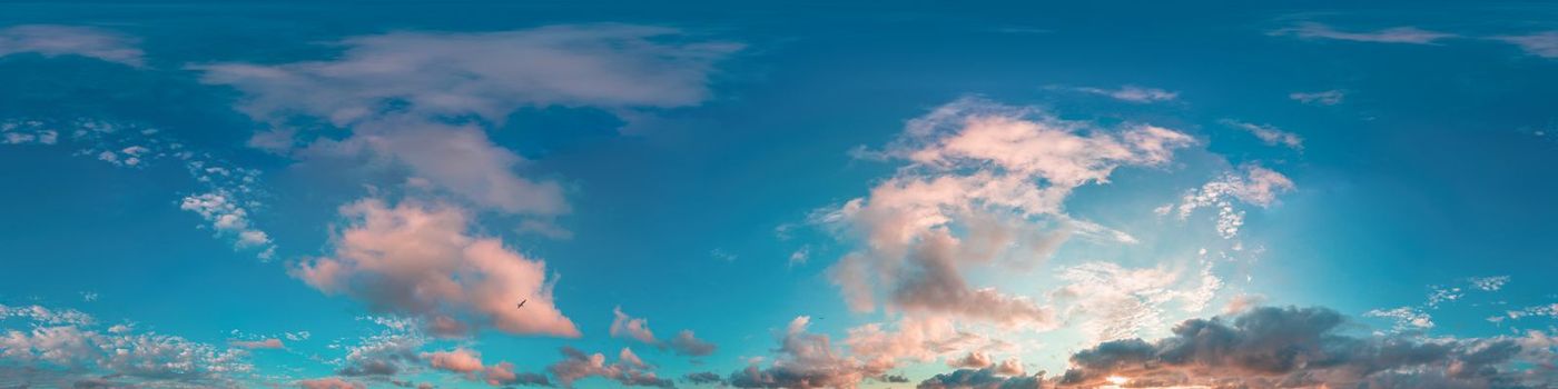 Dark blue sunset sky panorama with pink Cumulus clouds. Seamless hdr 360 pano in spherical equirectangular format. Full zenith for 3D visualization, game, sky replacement for aerial drone panoramas