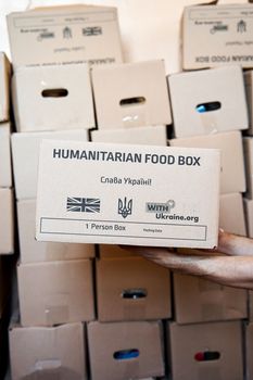 Boxes with humanitarian aid to Ukraine from UK. Dnipro, Ukraine - 06.28.2022