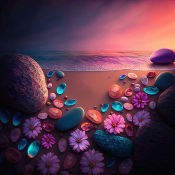 Tropical summer vacation - Beach floral design. Beautiful stones and flowers on the shore beach in warm sunset colors. Copy space. Download image