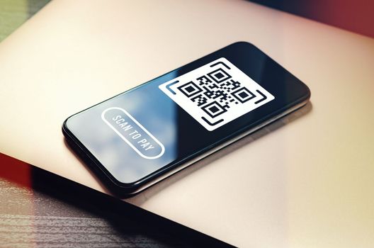 QR Code Payment - fast, secure and convenient contactless and cashless payment method using mobile smartphone app to scan QR codes. Emphasizing power of QR codes for secure and efficient transactions.