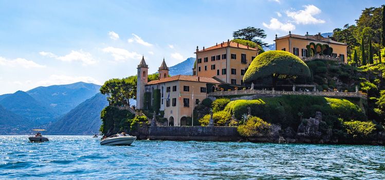 View of Villa del Balbianello overlooking Lake Como in Lenno, Lombardy, Italy. High quality photo