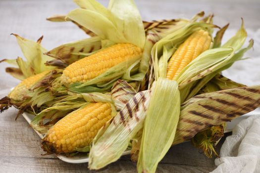 Delicate, juicy corn on the cob in husk cooked grilled