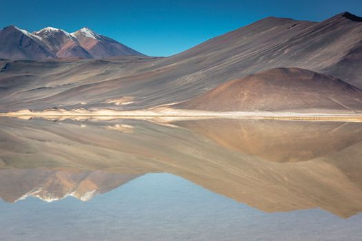 Salt lake reflection and idyllic volcanic landscape at sunrise, Atacama desert, Chile border with Bolivia