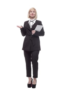 in full growth. attractive business woman with a digital tablet. isolated on a white background.