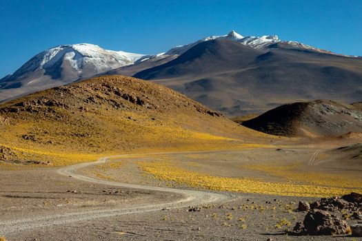 Dirt Road in Peaceful Moon Valley dramatic landscape at Sunset, Atacama Desert, Chile