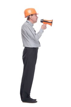 side view. senior architect making an announcement via megaphone . isolated on a white background.