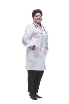 in full growth. female medic with a stethoscope. isolated on a white background