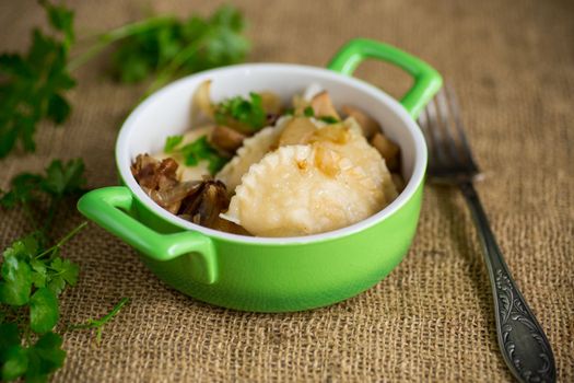 Potato dumplings with onion and mushrooms in a ceramic plate.