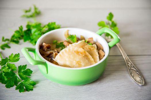 Potato dumplings with onion and mushrooms in a ceramic plate.