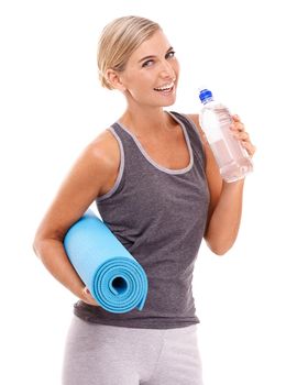 Yoga, mat and portrait of woman with water bottle for body care hydration, fitness exercise or pilates studio workout. Healthcare wellness, training and health girl drinking water on white background.