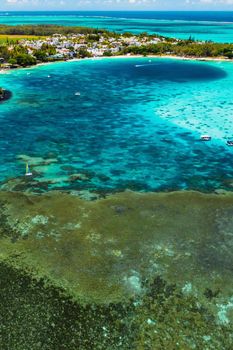 Aerial photography of the East coast of the island of Mauritius. Beautiful lagoon of the island of Mauritius, taken from above.Indian ocean coral reef.