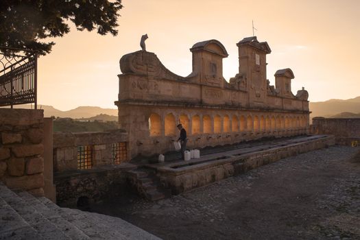 LEONFORTE, ITALY - MARCH, 25: View of Granfonte, baroque fountain in Leonforte at sunset on March 25, 2016