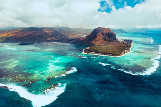 A bird's-eye view of Le Morne Brabant, a UNESCO world heritage site.Coral reef of the island of Mauritius.