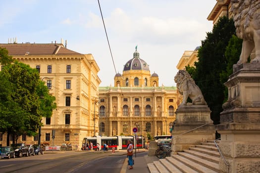 VIENNA, AUSTRIA - MAY, 22: Entrance of the Palace of Justice. In the background the Natural History Museum on May 22, 2018