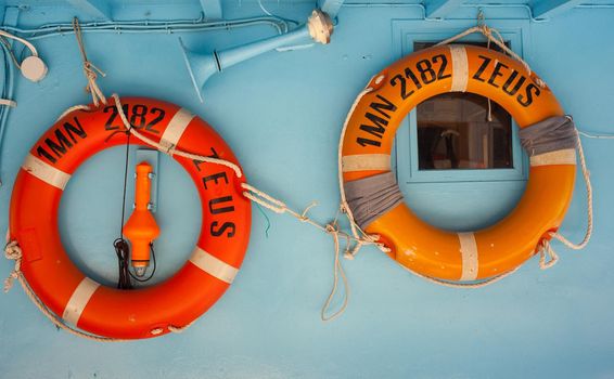 View of two lifebuoy on fisher boat