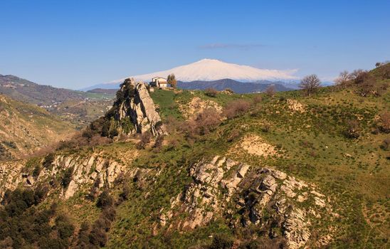 View of Etna volcano from Sicily countryside