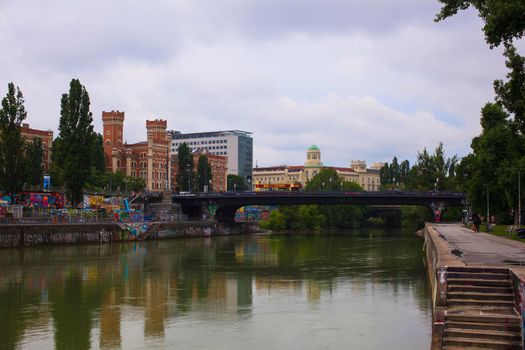 VIENNA, AUSTRIA - MAY, 22: View of the Rossauer Barracks from the other side of the Donaukanal on May 22, 2018