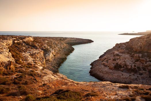 View of Cala Stretta at sunset in the summer season, Sicily